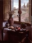 Maureen Hyde Still Life with a View ( Interior with Landscape through a Window) painting